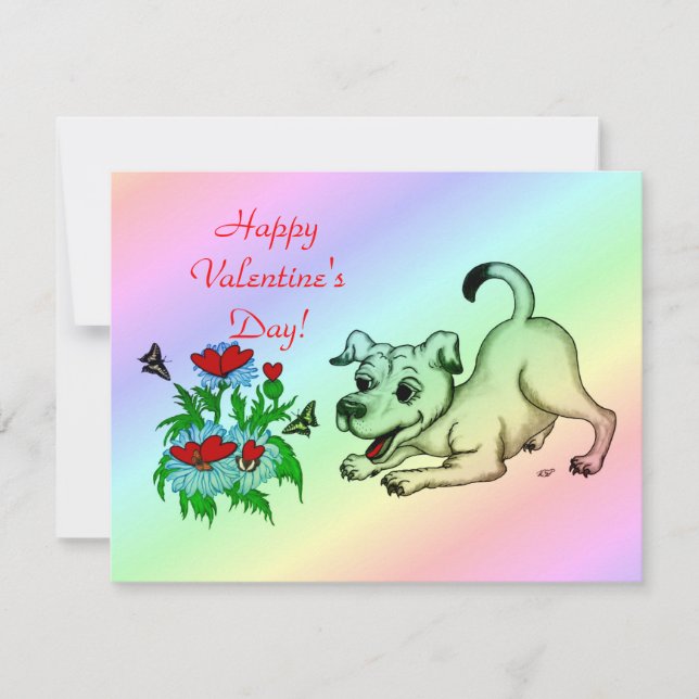 Valentine´s Day, Heart, Flower, Puppy & Butterfly Holiday Card (Front)