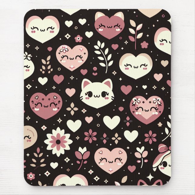 Valentine’s Day Kawaii Cats Hearts Flower Pattern Mouse Pad (Front)
