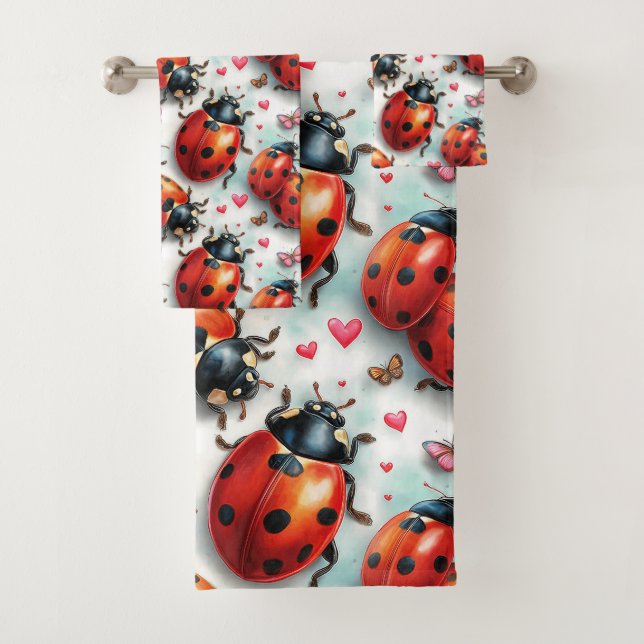 Valentine`s Day Ladybug Love Pattern Bath Towel Set (Insitu)