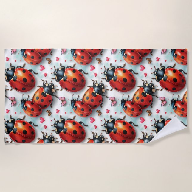 Valentine`s Day Ladybug Love Pattern Beach Towel (Front)