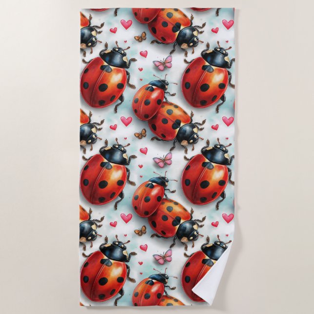 Valentine`s Day Ladybug Love Pattern Beach Towel (Front)