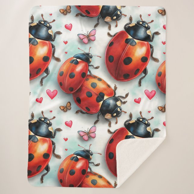 Valentine`s Day Ladybug Love Pattern Sherpa Blanket (Front)
