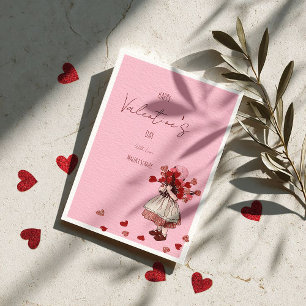 Valentine’s Day – Vintage Girl with Heart Bouquet Holiday Card