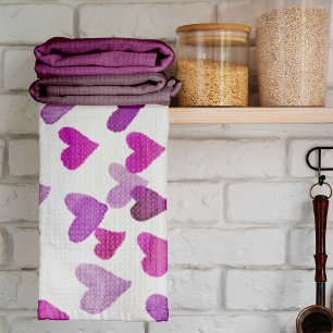 Valentine’s Day Watercolor Hearts – purple Tea Towel