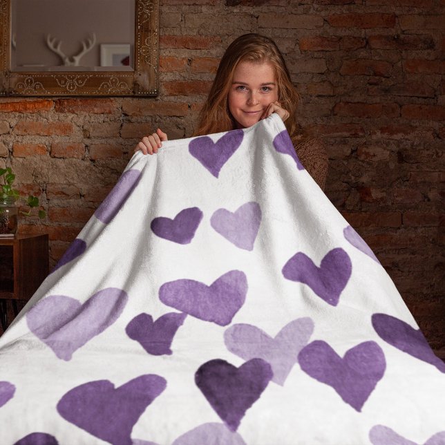 Valentine’s Day Watercolor Hearts – ultra violet Fleece Blanket (Creator Uploaded)