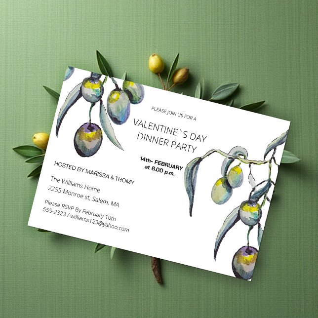 Valentine`s Dinner Party Watercolor Olive Branch Holiday Card (Creator Uploaded)