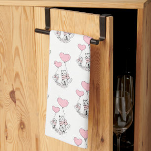 Valentine' s Kitchen Hand Towel Cat Pink Hearts