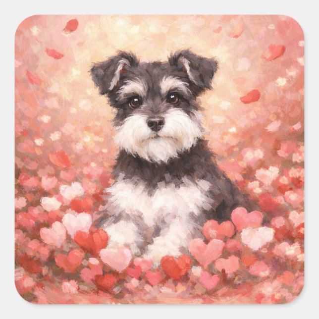 Valentine Schnauzer with Hearts Square Sticker (Front)