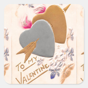 Valentine Silver and Gold Hearts Antique Postcard Square Sticker