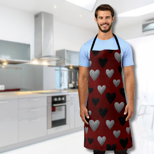 Valentine Silver Black Glitter Hearts on Burgundy Apron