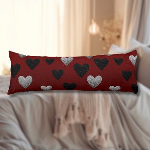 Valentine Silver Black Glitter Hearts on Burgundy Body Cushion