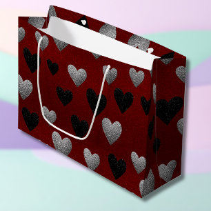 Valentine Silver Black Glitter Hearts on Burgundy Large Gift Bag
