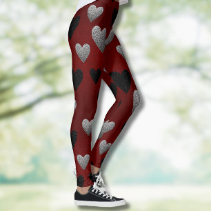 Valentine Silver Black Glitter Hearts on Burgundy Leggings