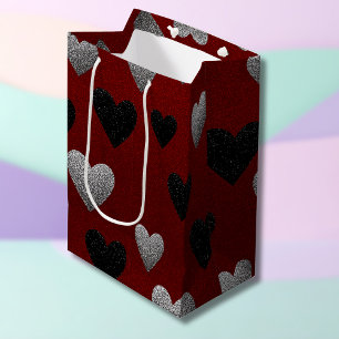 Valentine Silver Black Glitter Hearts on Burgundy Medium Gift Bag