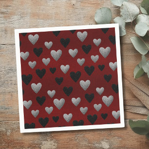 Valentine Silver Black Glitter Hearts on Burgundy Napkin