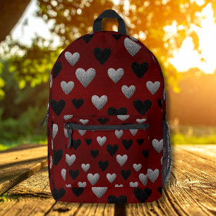 Valentine Silver Black Glitter Hearts on Burgundy Printed Backpack