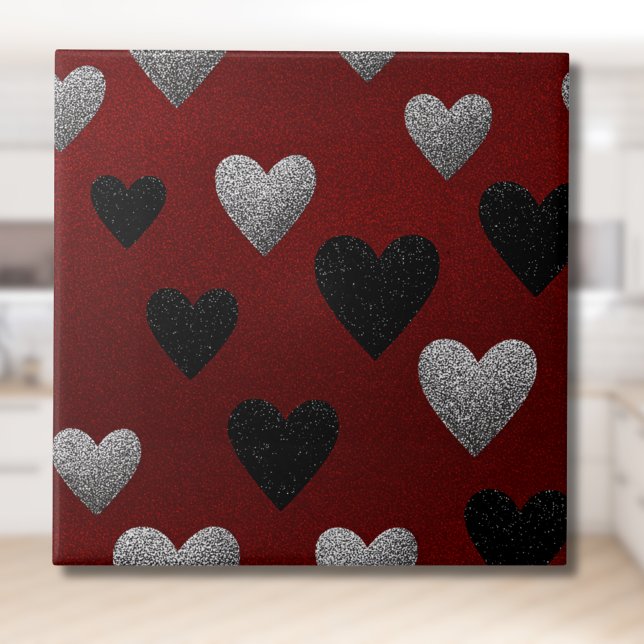 Valentine Silver Black Glitter Hearts on Burgundy Tile (Creator Uploaded)