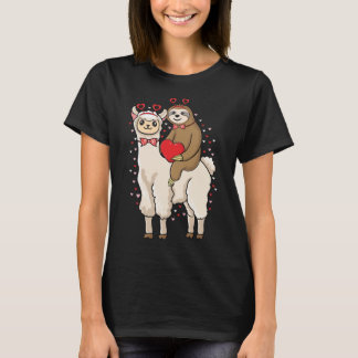 Valentine Sloth Riding Llama Cute Animal Couple T-Shirt
