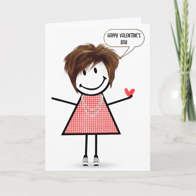 Valentine Stick Figure Girl With Speech Bubble Card (Front)