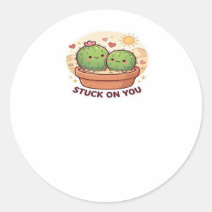 Valentine Stuck On You Cute Cactus Couple Love Pla Classic Round Sticker