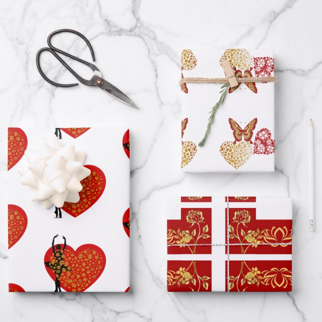 Valentine Sweeping Heart Butterfly Floral Gold Art Wrapping Paper Sheet (Front)