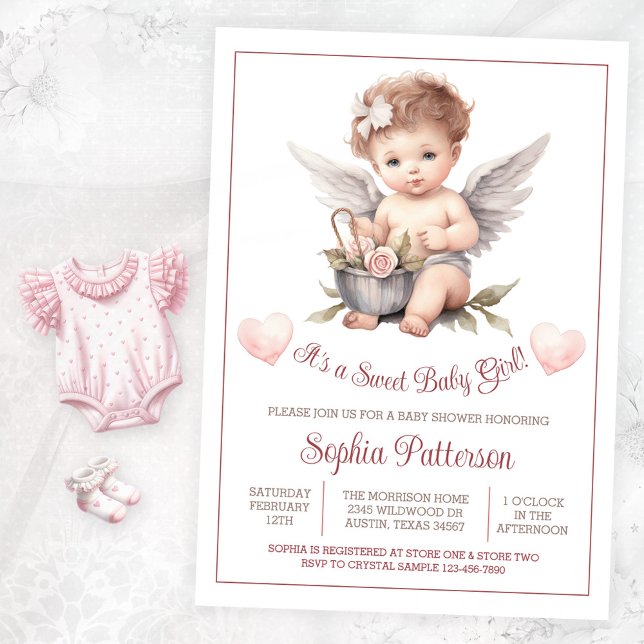 Valentine Sweet Baby Girl Baby Shower Invitation (Sweet angel baby shower invitation. Instant download and printed invitations available.)