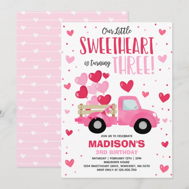 Valentine Sweetheart 3rd Birthday Pink Red Truck Invitation (Front/Back)