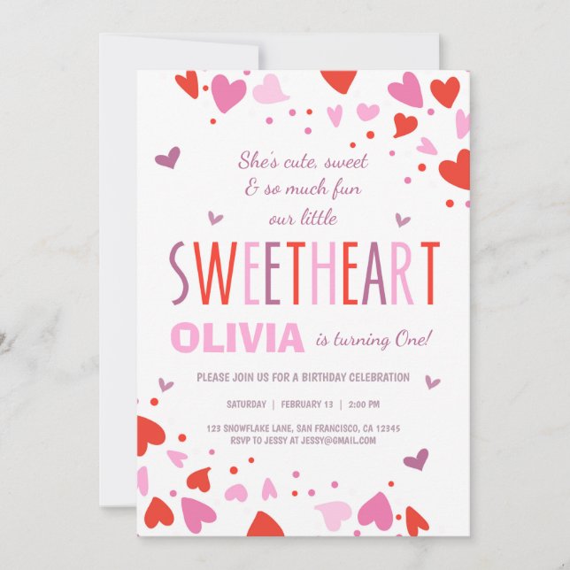 Valentine Sweetheart Birthday Party Invitation (Front)