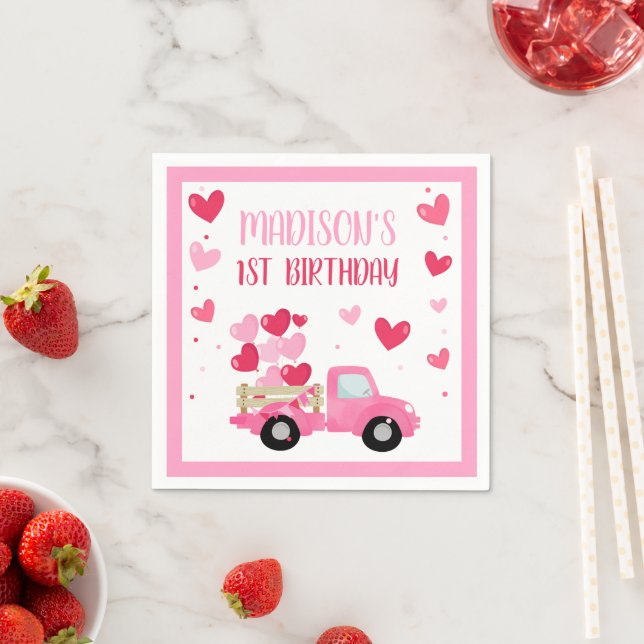 Valentine Sweetheart Pink 1st Birthday Party Decor Napkin (Insitu)