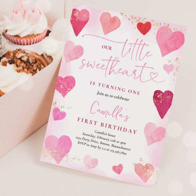 Valentine Sweetheart Pink Red Hearts 1st Birthday Invitation (Creator Uploaded)