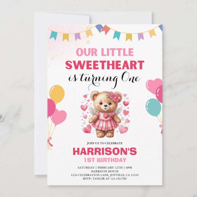 Valentine Sweetheart Pink Teddy Bear Birthday  Invitation (Front)