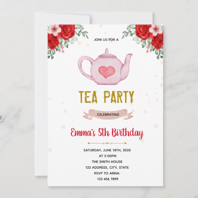 Valentine tea party birthday invitation (Front)