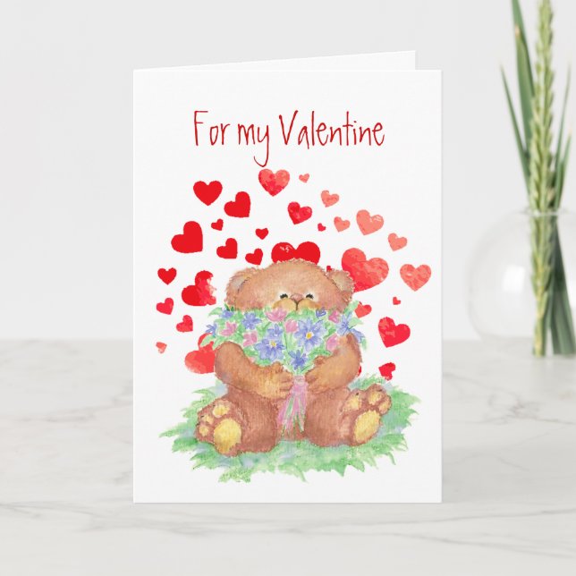 Valentine Teddy Bear Flowers Love you Forever Holiday Card (Front)