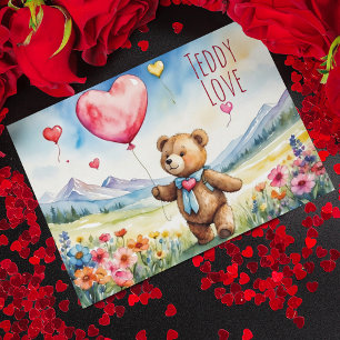 Valentine Teddy Bear Holding Heart Shaped Balloon Holiday Postcard