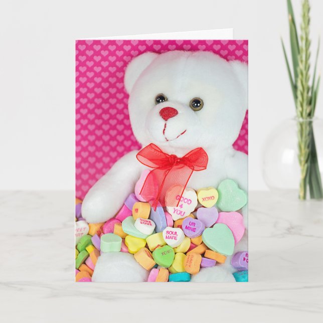 Valentine Teddy Bear in Candy Hearts Holiday Card (Front)