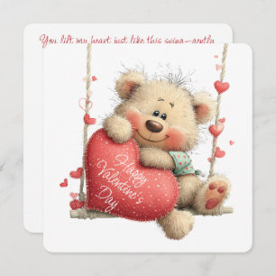 Valentine Teddy Bear on Swing with Heart  Holiday Card