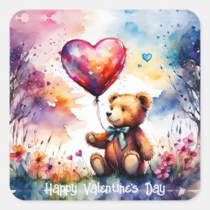 Valentine Teddy Bear with Heart Balloon Square Sticker