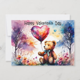 Valentine Teddy bear with Heart shaped balloon Holiday Card