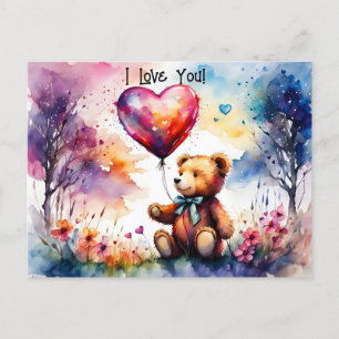 Valentine Teddy bear with Heart shaped balloon Postcard