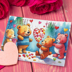 Valentine Teddy Bears Sharing Heart Shaped Candies Holiday Card