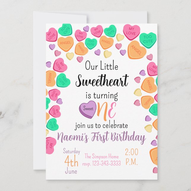 Valentine theme 1st Birthday Invitation (Front)