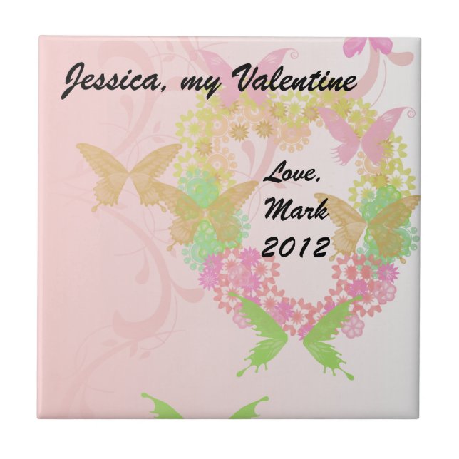 Valentine Tile with Floral Heart & Butterflies (Front)