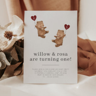Valentine Twins Bear First Birthday Invitation