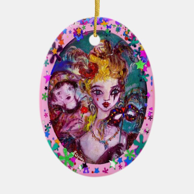 VALENTINE VENETIAN MASQUERADE MASKS AND CONFETTI CERAMIC TREE DECORATION (Front)
