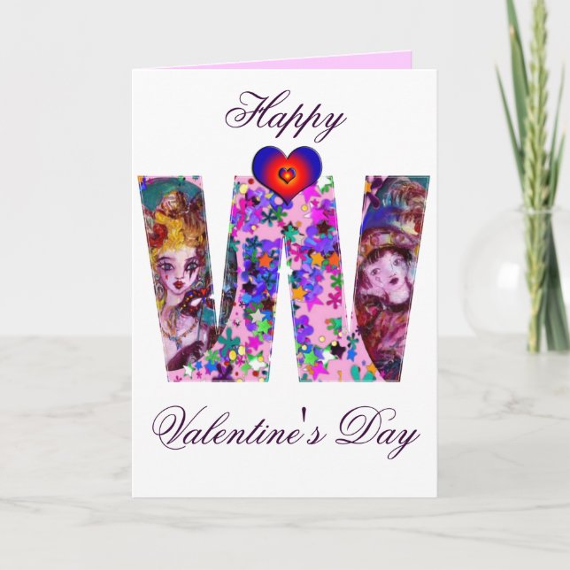 VALENTINE VENETIAN MASQUERADE MONOGRAM M LETTER HOLIDAY CARD (Front)