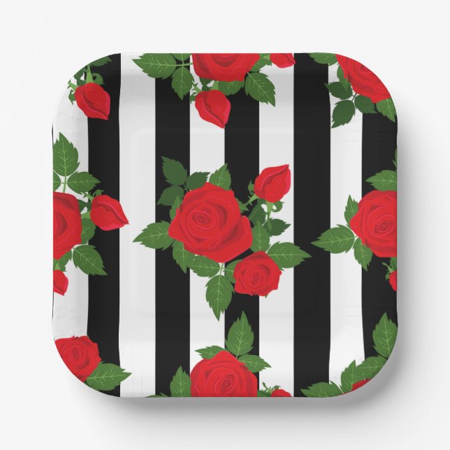 valentine vertical stripes red roses romantic paper plate (Front)