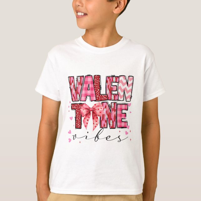 Valentine Vibes Valentines Day Pink Bow Girl Women T-Shirt (Front)