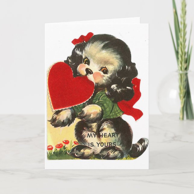 Valentine Vintage Cute Puppy and Heart Holiday Card (Front)