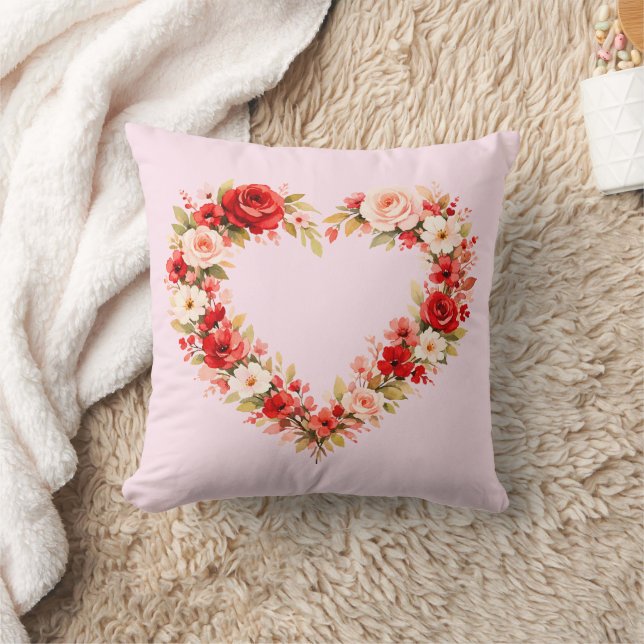 Valentine Watercolor Floral Heart Wreath Pillow |  (Blanket)