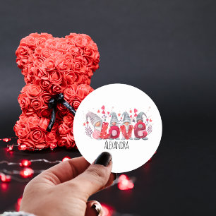Valentine Watercolor Gnomes Red Love Word Classic Round Sticker